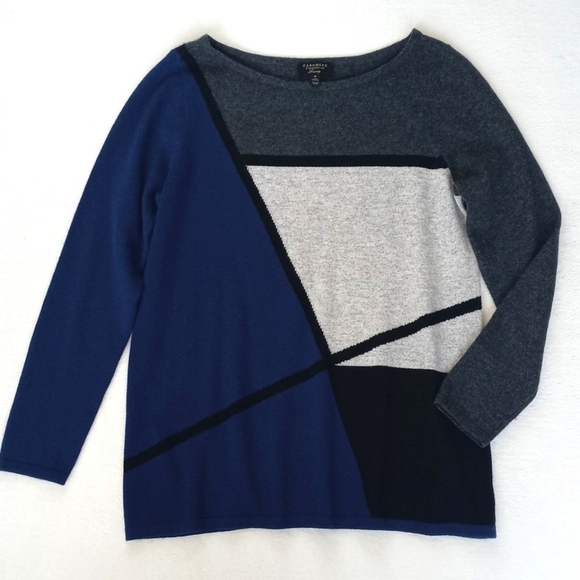 Charter Club Cashmere Royal Blue Heathered Greys Black Abstract Motif Sweater - Picture 11 of 15